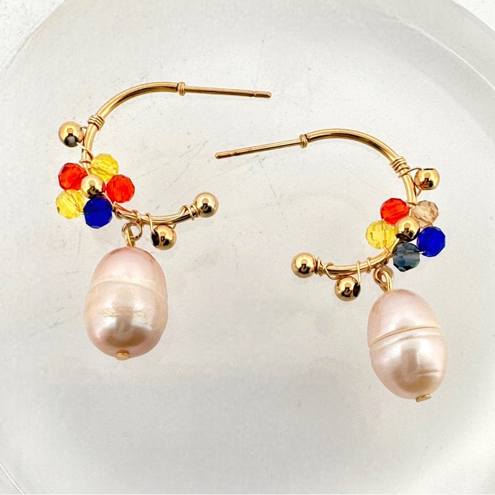 Freshwater Pearl 18k Gold Plated Multicolor Beaded Flower Drop Hoop Earrings